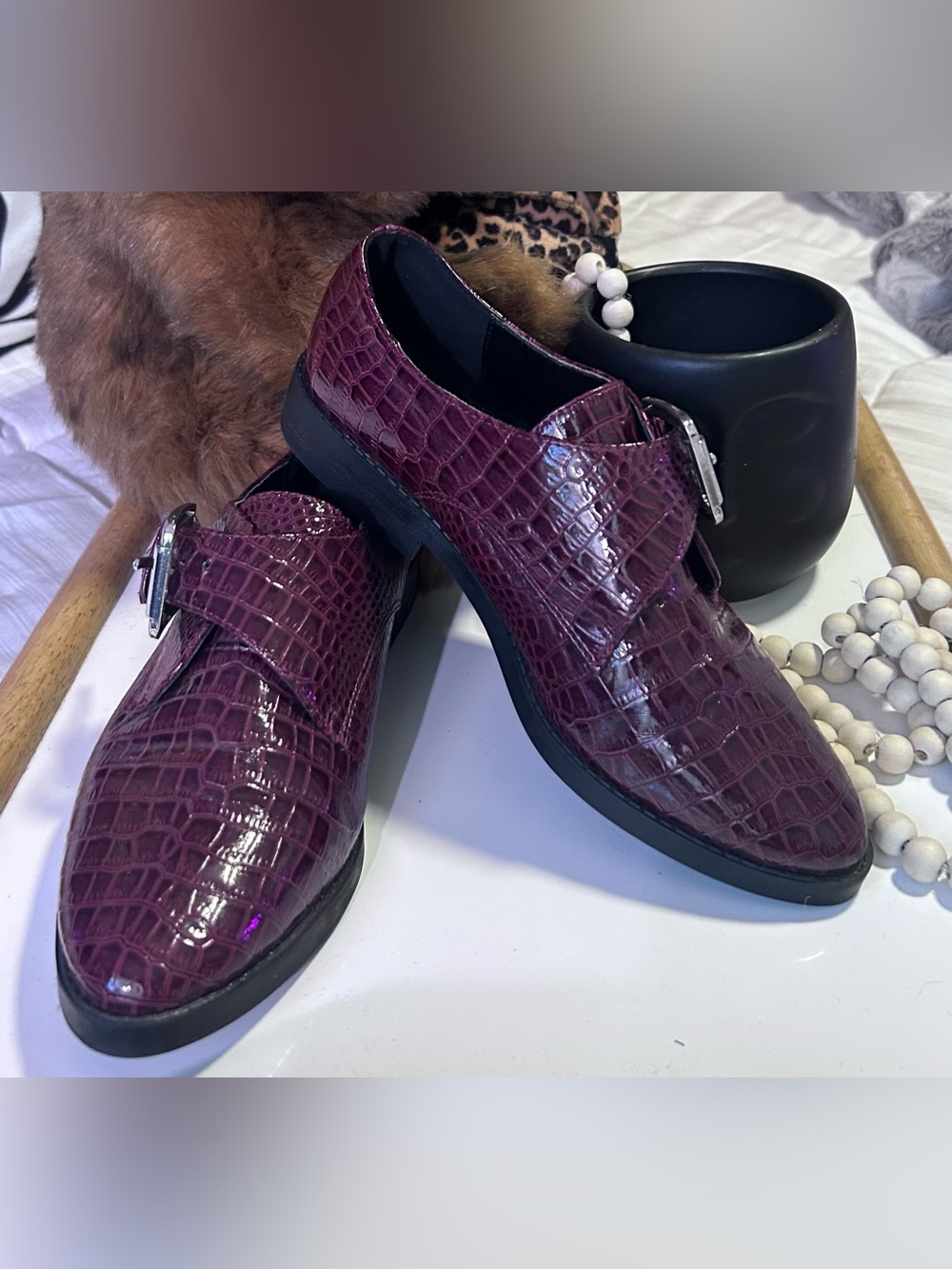 Aldo Women's Croc-Embossed Patent Loafers in Deep Burgundy